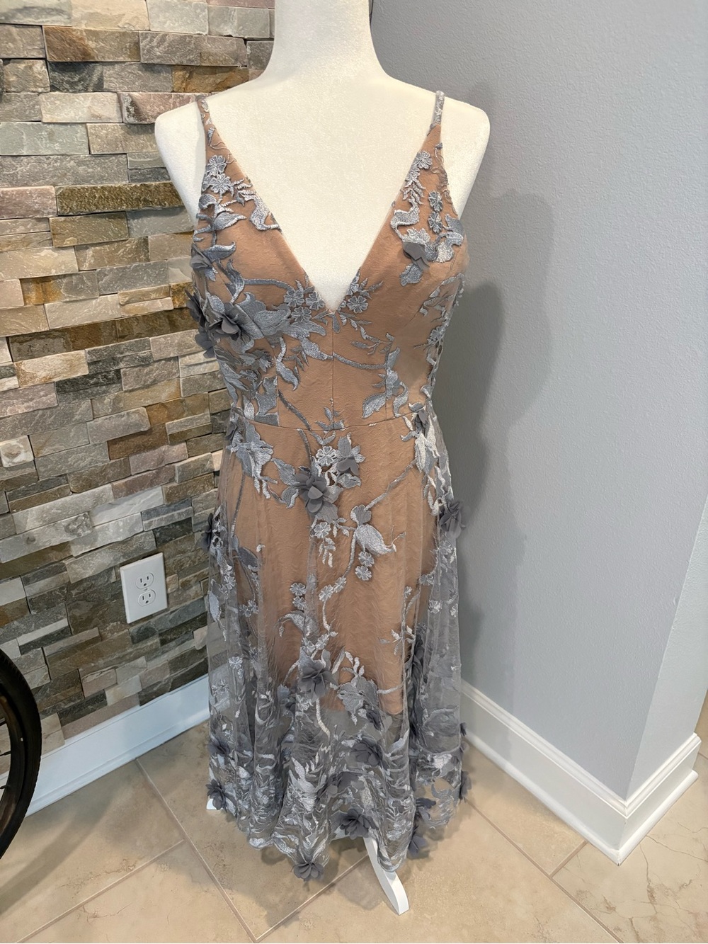 Dress the Population Beige Midi Dress with Silver Floral Appliqué - Picture 6 of 6